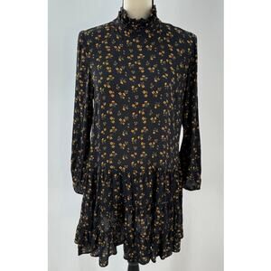 Zara Black Orange Gold Floral Ruffle Mini Dress Long Sleeve Print Cottagecore S